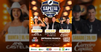 Imagem do Sapezal Rodeio Festival 2025 com os artistas Ana Castela, João Bosco & Vinícius, Carreiro & Capataz e o logotipo do evento, creditos para Prefeitura de Sapezal / Instagram.
