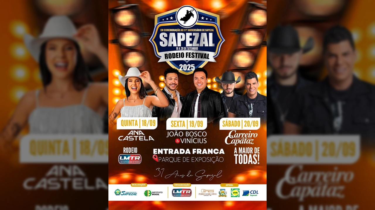 Imagem do Sapezal Rodeio Festival 2025 com os artistas Ana Castela, João Bosco & Vinícius, Carreiro & Capataz e o logotipo do evento, creditos para Prefeitura de Sapezal / Instagram.