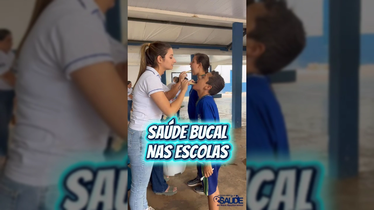Crianças e profissionais de saúde em programa de saúde bucal escolar em Nova Bandeirantes. Créditos: Prefeitura de Nova Bandeirantes / Instagram