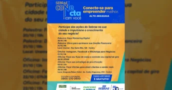 Banner do Sebrae Conecta com programação de cursos para empreendedores em Alto Araguaia, outubro de 2025. Crédito: Prefeitura de Alto Araguaia / Instagram