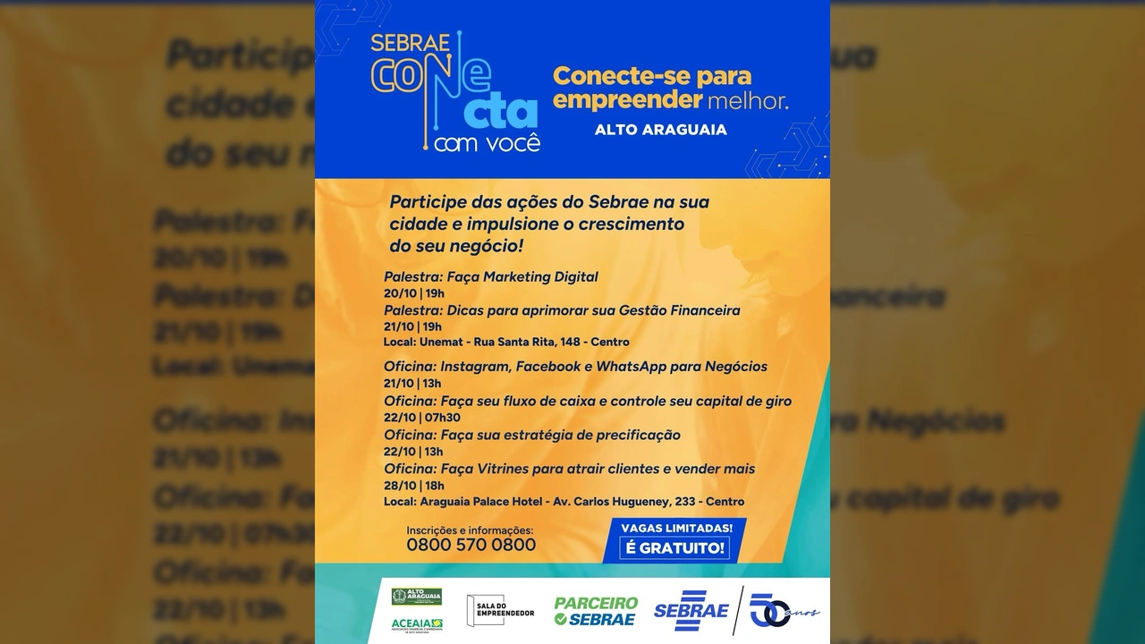 Banner do Sebrae Conecta com programação de cursos para empreendedores em Alto Araguaia, outubro de 2025. Crédito: Prefeitura de Alto Araguaia / Instagram