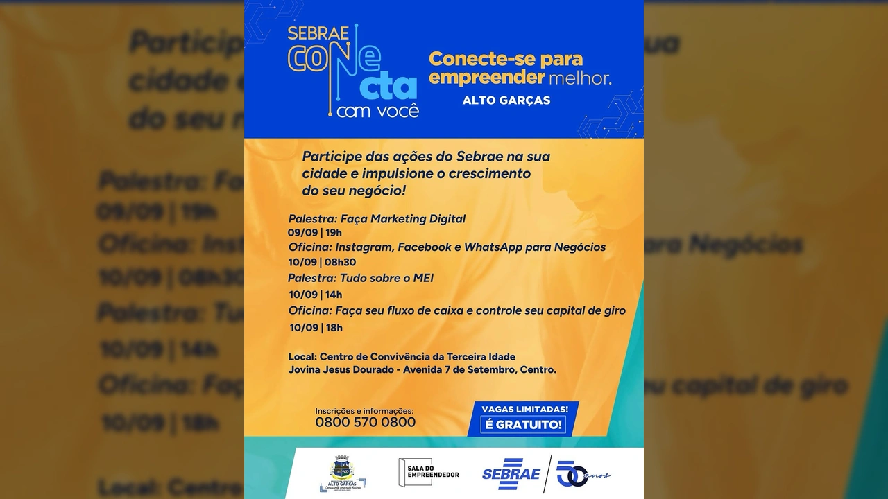 Sebrae Conecta com Você em Alto Garças, oferecendo cursos e palestras gratuitas para empreendedores. Crédito: Prefeitura de Alto Garças / Instagram