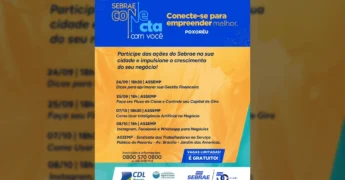 Banner de divulgação dos cursos Sebrae Conecta em Poxoréu, oferecidos pela Prefeitura de Poxoréu.