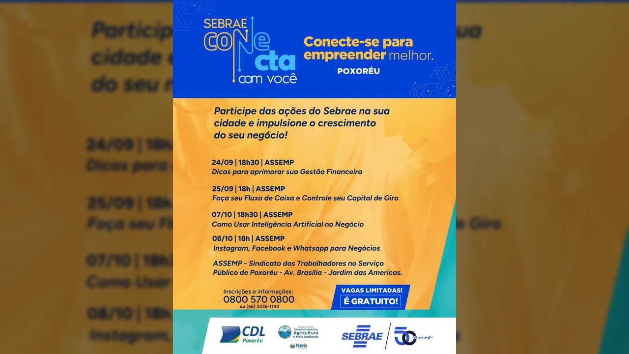 Banner de divulgação dos cursos Sebrae Conecta em Poxoréu, oferecidos pela Prefeitura de Poxoréu.