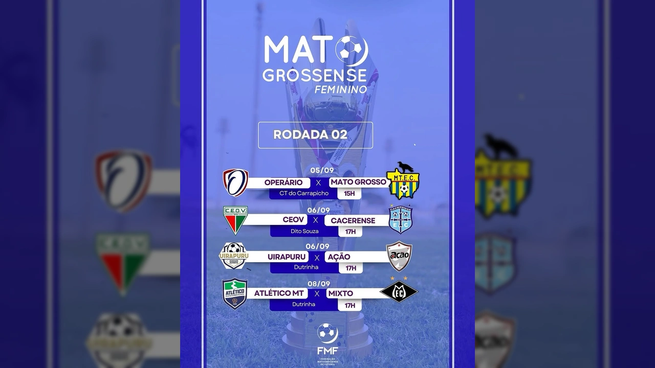 Tabela da 2ª Rodada do Campeonato Mato-grossense Feminino 2025, com emblemas dos times e informações de data e local dos jogos, cortesia fmfmt_oficial.