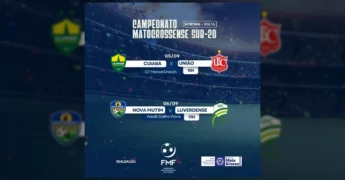 Imagem promocional dos confrontos das semifinais do Campeonato Matogrossense Sub-20 com os logos dos times e detalhes dos jogos, cortesia de @fmfmt_oficial no Instagram