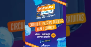 Imagem promocional do Prepara Varejo 2025 com logo e saco de compras, divulgando circuito de palestras gratuitas para o comércio. Crédito: Senac Mato Grosso / Instagram @senacmt