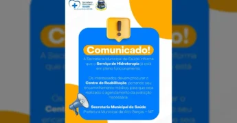 Imagem de comunicado da Secretaria Municipal de Saúde de Alto Garças sobre a hidroterapia, com créditos para @prefeitura_altogarcas