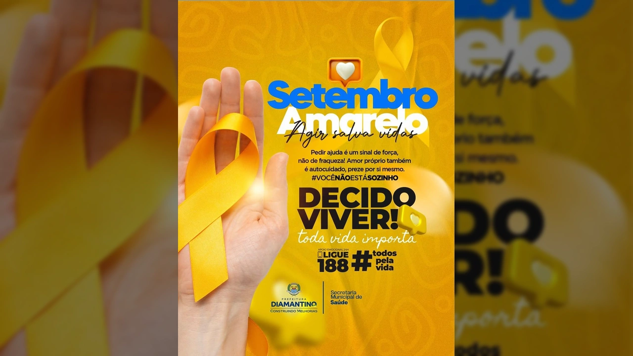 Mão com laço amarelo, símbolo da campanha Setembro Amarelo, destacando a prevenção ao suicídio em Diamantino. Créditos: Prefeitura de Diamantino / Instagram