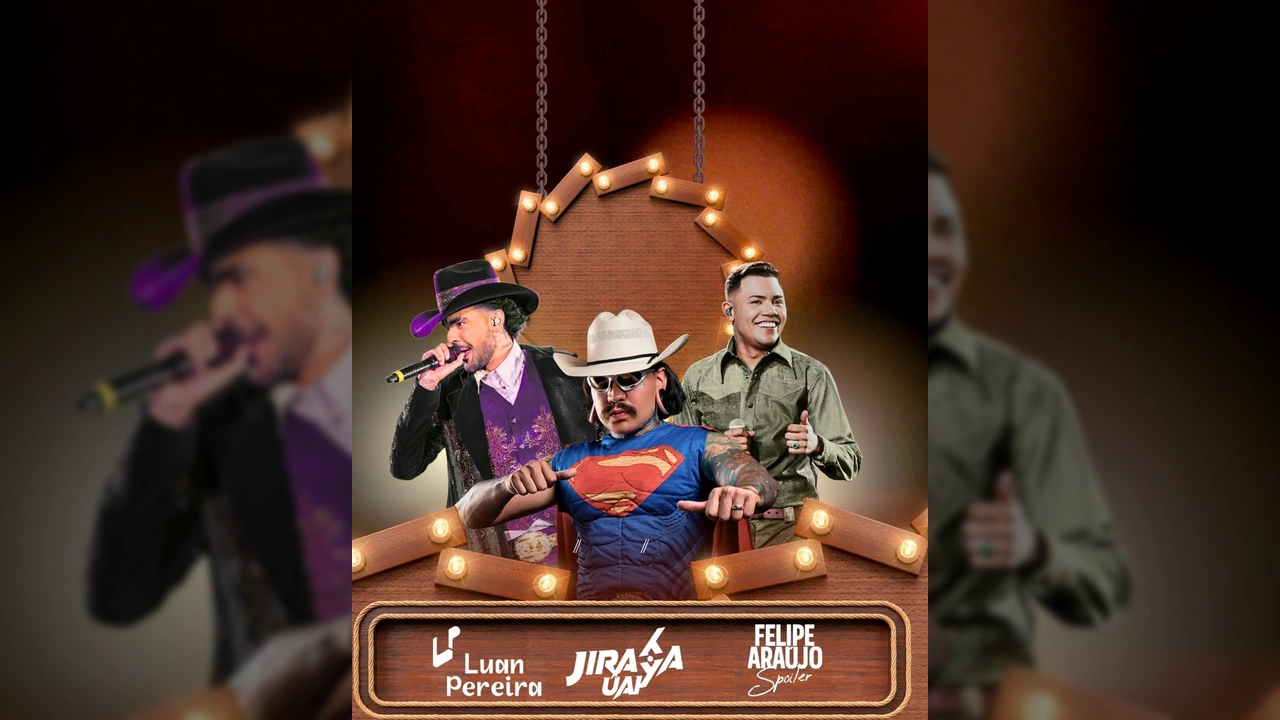 Luan Pereira, Jiraya UAI e Felipe Araujo em imagem promocional de evento em Santo Afonso. Crédito: Prefeitura Municipal de Santo Afonso / Instagram