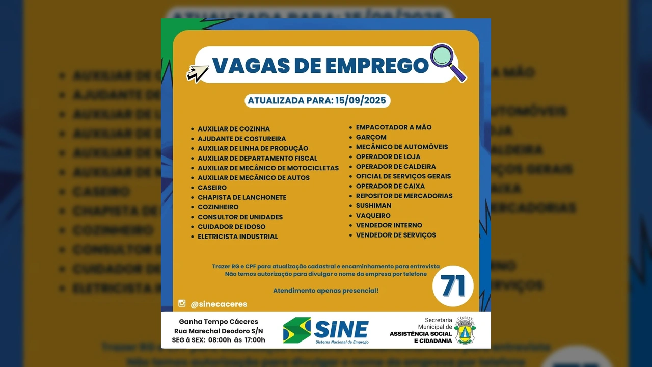 Lista de vagas de emprego atualizadas em Cáceres divulgadas pelo SINE, imagem de @sinecaceres no Instagram.