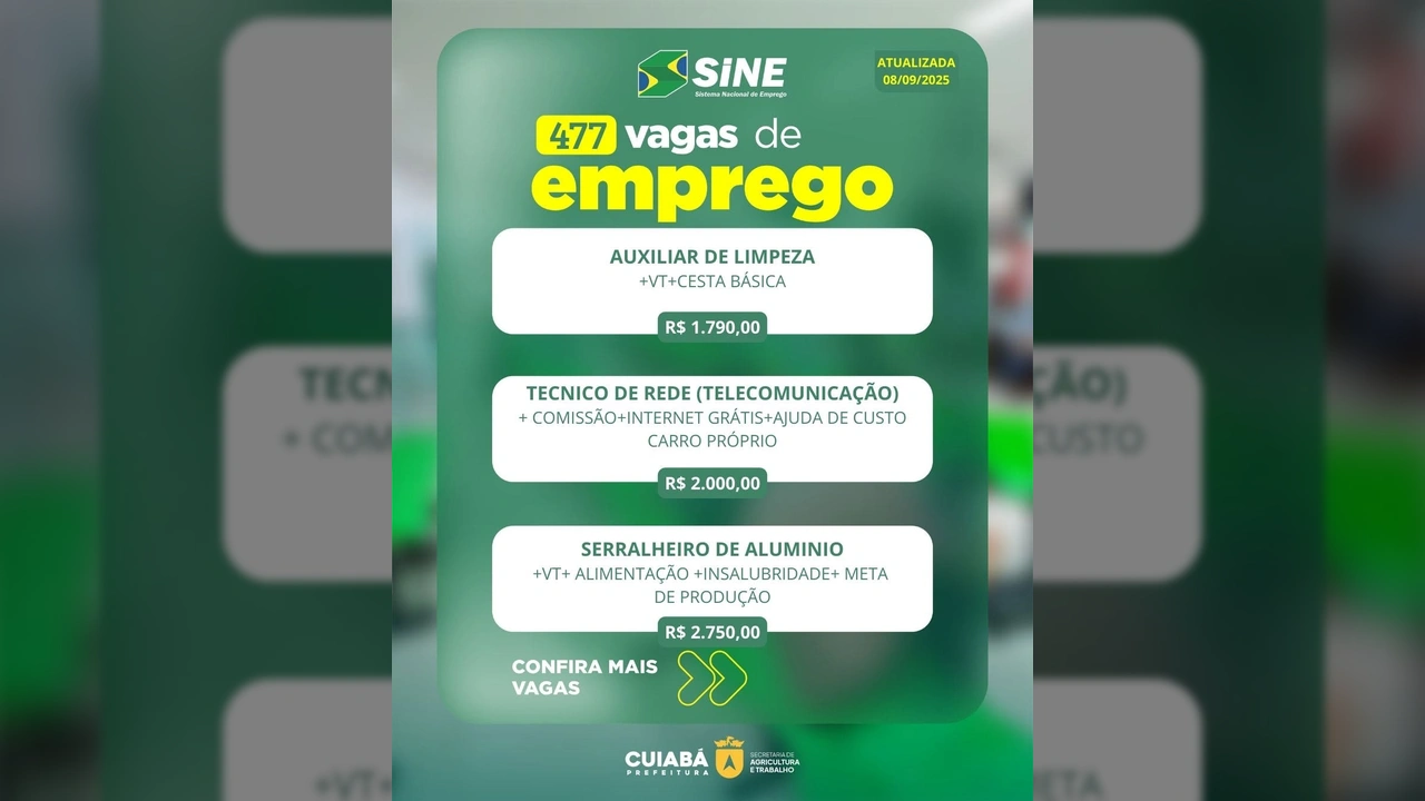 Imagem promocional do SINE Cuiabá com o número de 477 vagas de emprego e salários destacados
