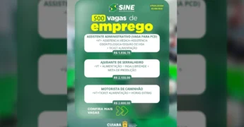 Anúncio do SINE Cuiabá com 500 vagas de emprego e detalhes de algumas posições. Créditos: Sine Cuiabá / Instagram.