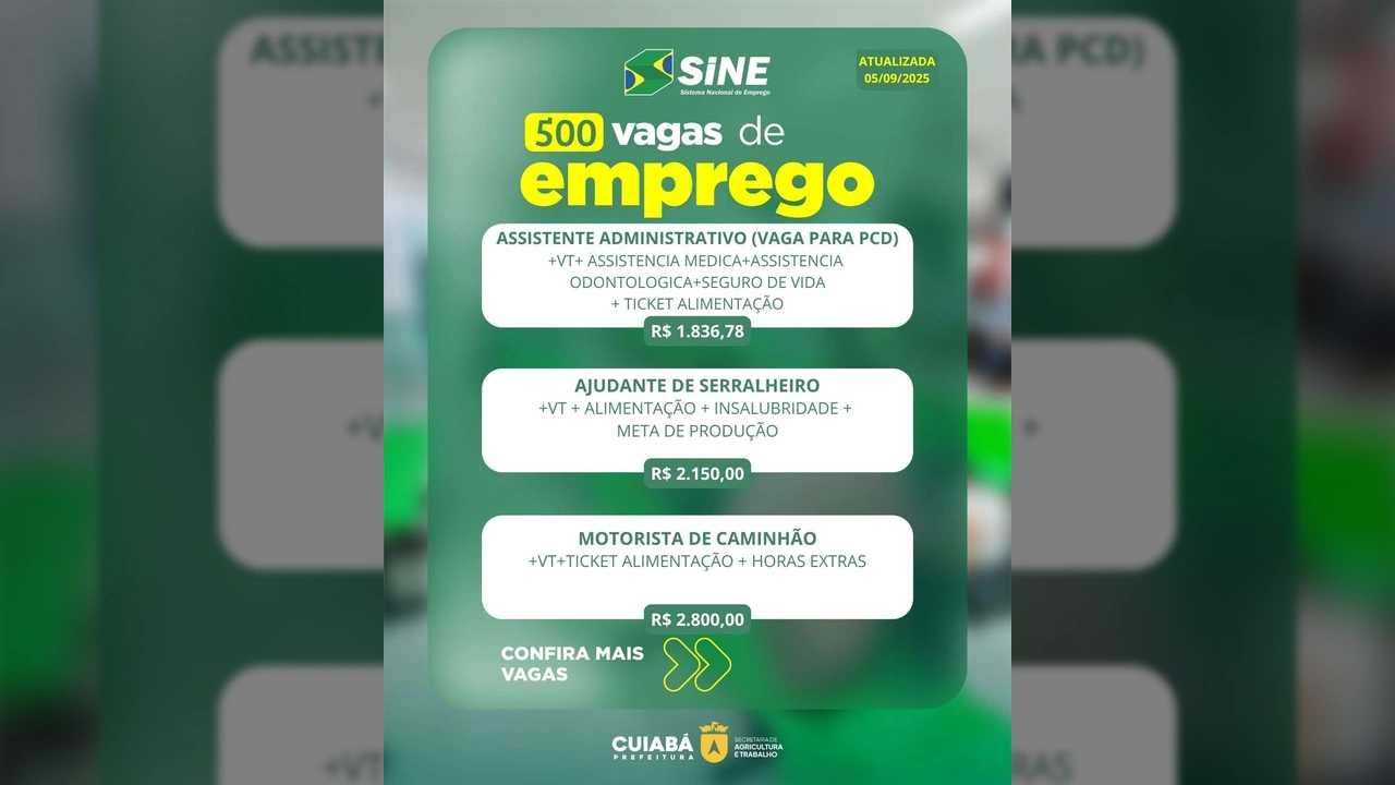 Anúncio do SINE Cuiabá com 500 vagas de emprego e detalhes de algumas posições. Créditos: Sine Cuiabá / Instagram.