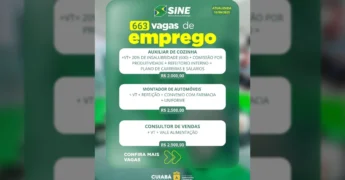 Anúncio do SINE Cuiabá com 663 vagas de emprego atualizadas em 10/09/2025. Créditos: @sinecuiaba.