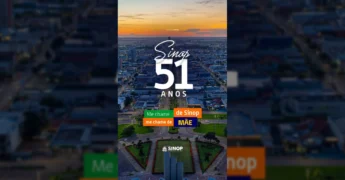 Vista aérea da cidade de Sinop celebrando 51 anos, com cenas urbanas, rurais e de lazer. Créditos: Prefeitura de Sinop / Instagram.