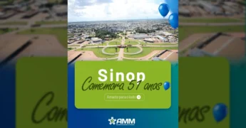 Uma vista aérea panorâmica da cidade de Sinop, destacando suas avenidas e áreas verdes, com balões azuis ao fundo, em homenagem aos 51 anos da cidade. Imagem fornecida por AMM.