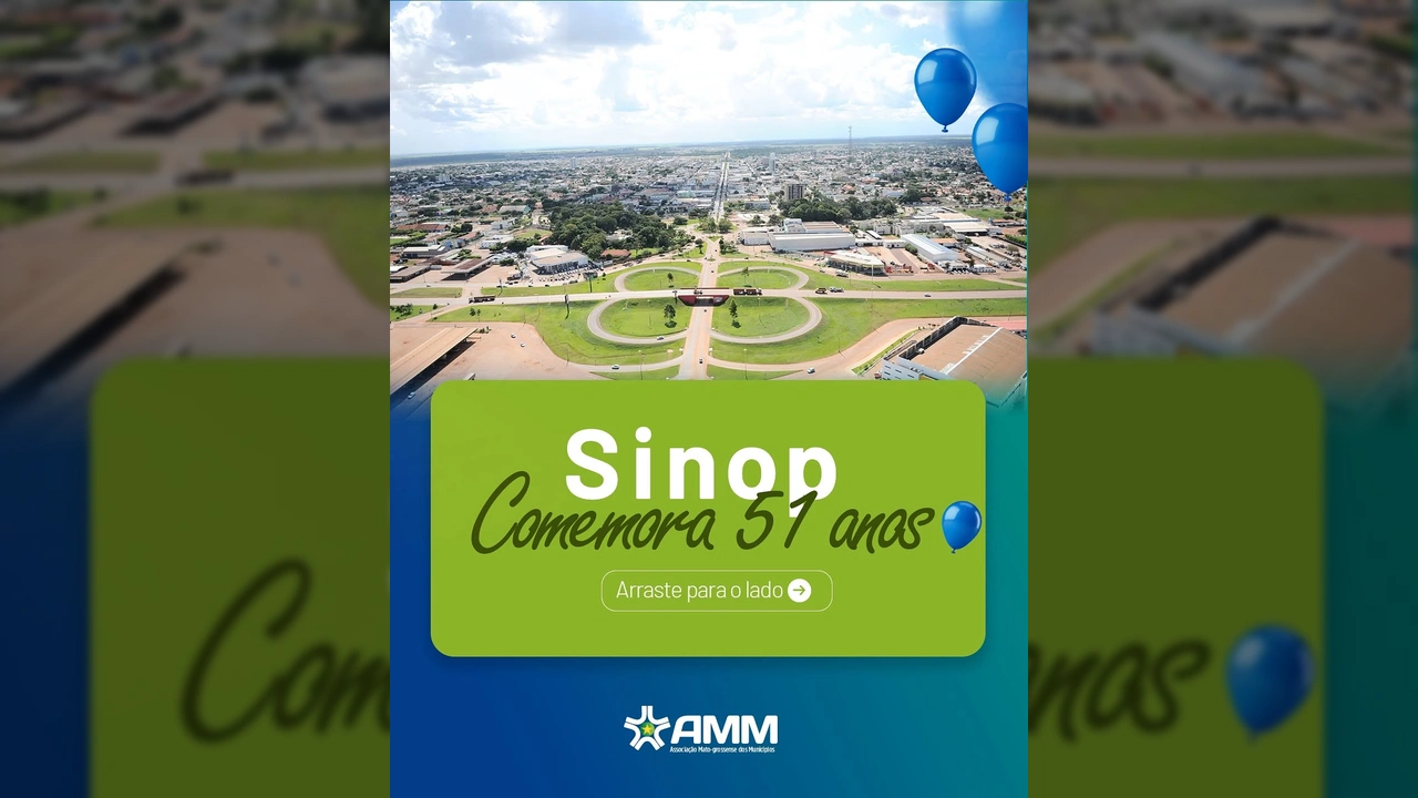 Uma vista aérea panorâmica da cidade de Sinop, destacando suas avenidas e áreas verdes, com balões azuis ao fundo, em homenagem aos 51 anos da cidade. Imagem fornecida por AMM.