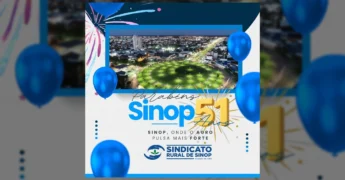 Imagem aérea da cidade de Sinop à noite, com destaque para a rotatória central iluminada e prédios urbanos, em homenagem aos seus 51 anos de fundação. Créditos: sindicatoruralsinop / Instagram