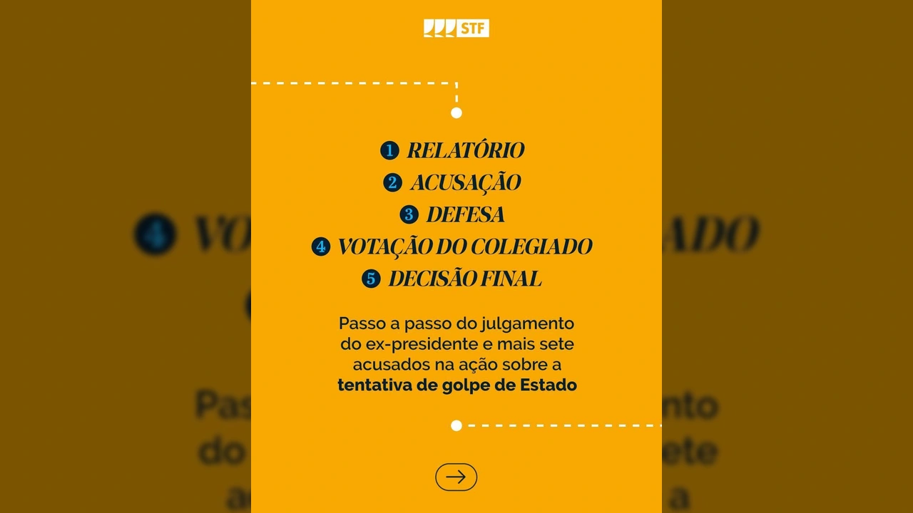 Infográfico do STF explicando o processo judicial da tentativa de golpe de Estado, com ex-presidente e outros sete acusados / Instagram: @supremotribunalfederal