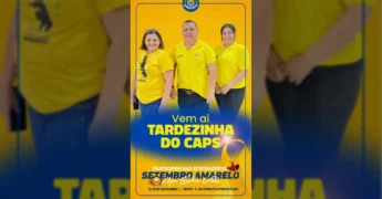 Profissionais de saúde do CAPS em Diamantino, Gisele Alves, Andreia Adversi e Jair Ferreira, promovendo evento de saúde mental, com créditos à Prefeitura de Diamantino / Instagram.