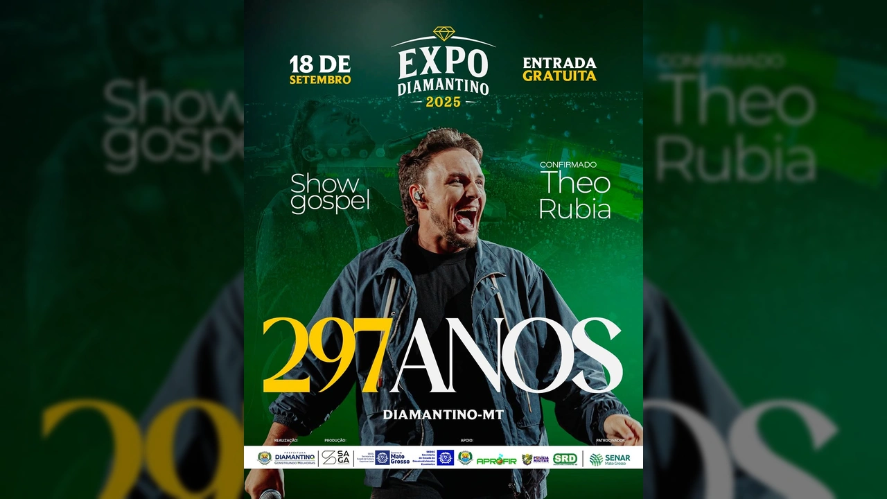 Cantor Theo Rubia se apresentando em show gospel na ExpoDiamantino 2025 em Diamantino, Mato Grosso - Créditos: expodiamantino / Instagram