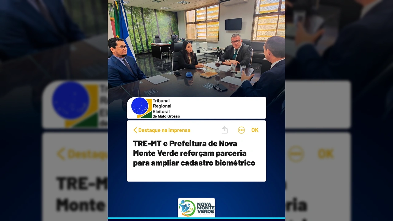 Foto de uma reunião de trabalho entre o TRE-MT e a Prefeitura de Nova Monte Verde focada no cadastro biométrico eleitoral. Créditos: Prefeitura de Nova Monte Verde / Instagram.