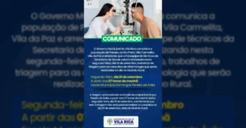 Profissional de saúde realizando exame oftalmológico em paciente, comunicado pelo Governo de Vila Rica-MT / Instagram