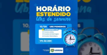Imagem da UBS Pioneiros de Canarana com anúncio de horário estendido para consultas médicas, de enfermagem e odontológicas. Créditos: Prefeitura de Canarana - MT / Instagram @prefcanaranamt