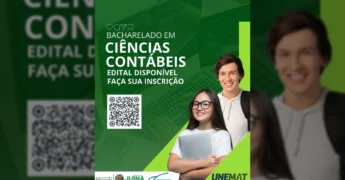 Jovens estudantes sorrindo com um notebook, representando as novas vagas para Ciências Contábeis EAD da UNEMAT em Juína. Créditos: Secretaria Municipal de Educação de Juína / Instagram