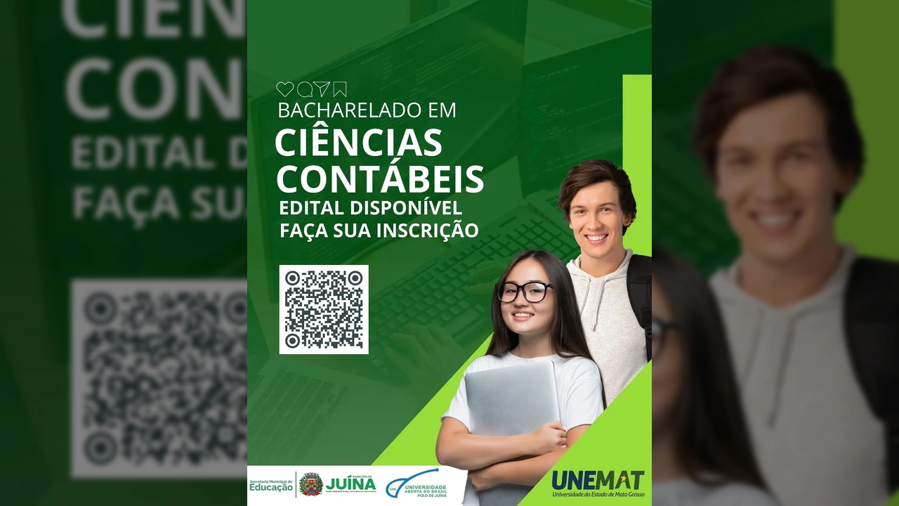 Jovens estudantes sorrindo com um notebook, representando as novas vagas para Ciências Contábeis EAD da UNEMAT em Juína. Créditos: Secretaria Municipal de Educação de Juína / Instagram