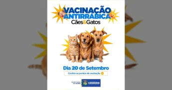 Imagem promocional da campanha de vacinação antirrábica em Canarana, com cães e gatos e informações sobre o dia 20 de setembro. Crédito: Prefeitura de Canarana - MT / Instagram