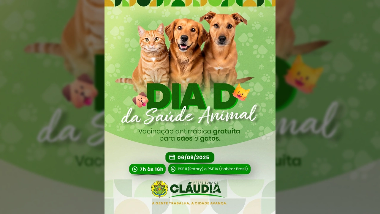 Cães e gato em destaque na divulgação da campanha de vacinação antirrábica em Cláudia. Créditos: Prefeitura de Cláudia / Instagram
