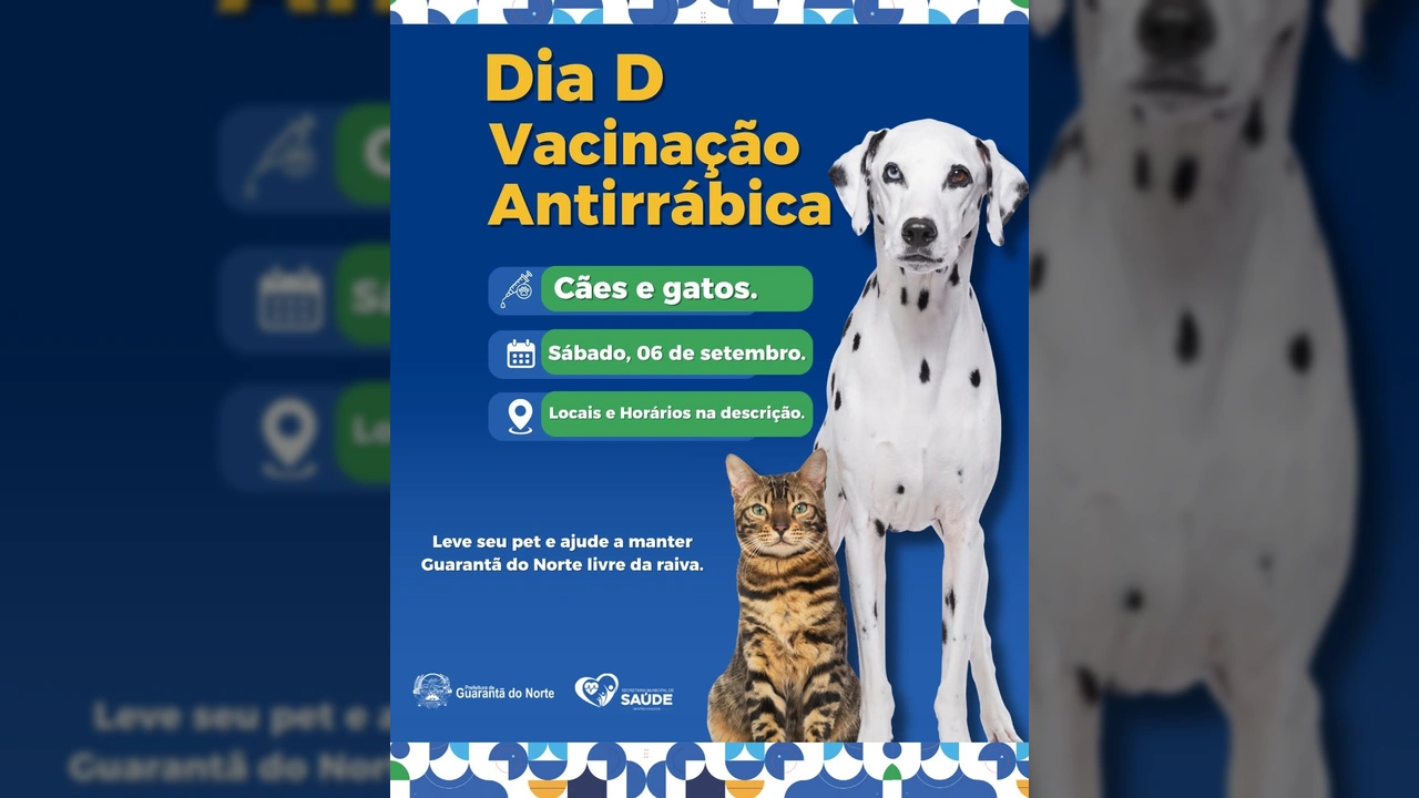 Cão dálmata e gato listrado ao lado de informações sobre a campanha de vacinação antirrábica em Guarantã do Norte, 06 de setembro.