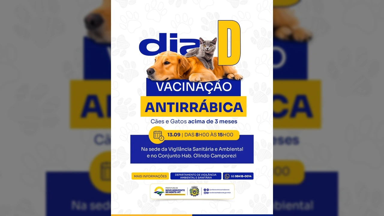 Cão e gato deitados com texto "Dia D Vacinação Antirrábica" da Prefeitura de Novo Horizonte do Norte.