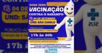 Mascote de gota sorridente com símbolo de cruz azul no peito, divulgando vacinação contra sarampo em Carlinda. Crédito: Prefeitura de Carlinda / Instagram.