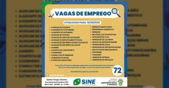 Lista de vagas de emprego atualizadas para 12/09/2025 em Cáceres, divulgadas pelo SINE Cáceres / Instagram @sinecaceres