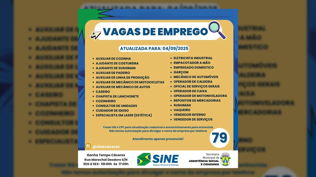 Imagem com lista de 79 vagas de emprego atualizadas para 04/09/2025, do SINE Cáceres.