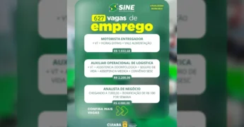 Foto promocional das oportunidades de emprego oferecidas pelo SINE em Cuiabá, com informações sobre 627 vagas, salários e benefícios. Crédito: Sine Cuiabá / Instagram