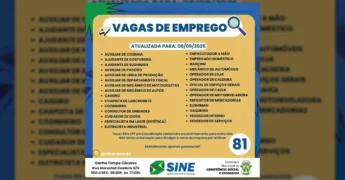 Lista de vagas de emprego do Sine Cáceres, mostrando 81 oportunidades de trabalho, com data de atualização em 08/09/2025. Créditos: Sine Cáceres / Instagram