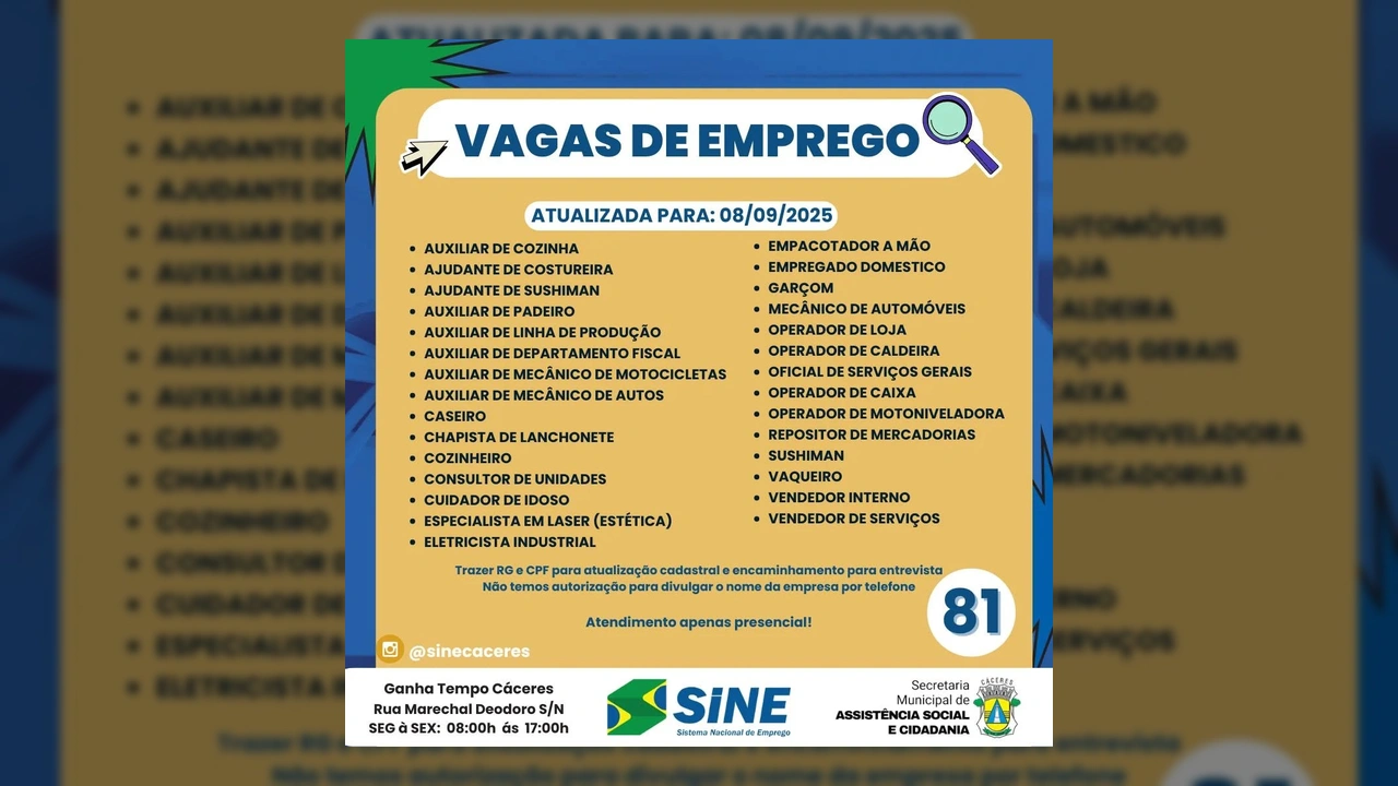 Lista de vagas de emprego do Sine Cáceres, mostrando 81 oportunidades de trabalho, com data de atualização em 08/09/2025. Créditos: Sine Cáceres / Instagram