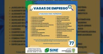 Imagem com a lista de vagas de emprego disponíveis no Sine Cáceres, atualizada para 05/09/2025, com crédito a @sinecaceres