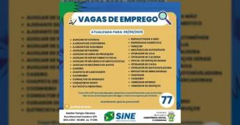 Lista de 30 vagas de emprego divulgadas pelo Sine Cáceres, incluindo diversas profissões como cozinheiro, mecânico, vendedor e auxiliar de produção / Instagram @sinecaceres