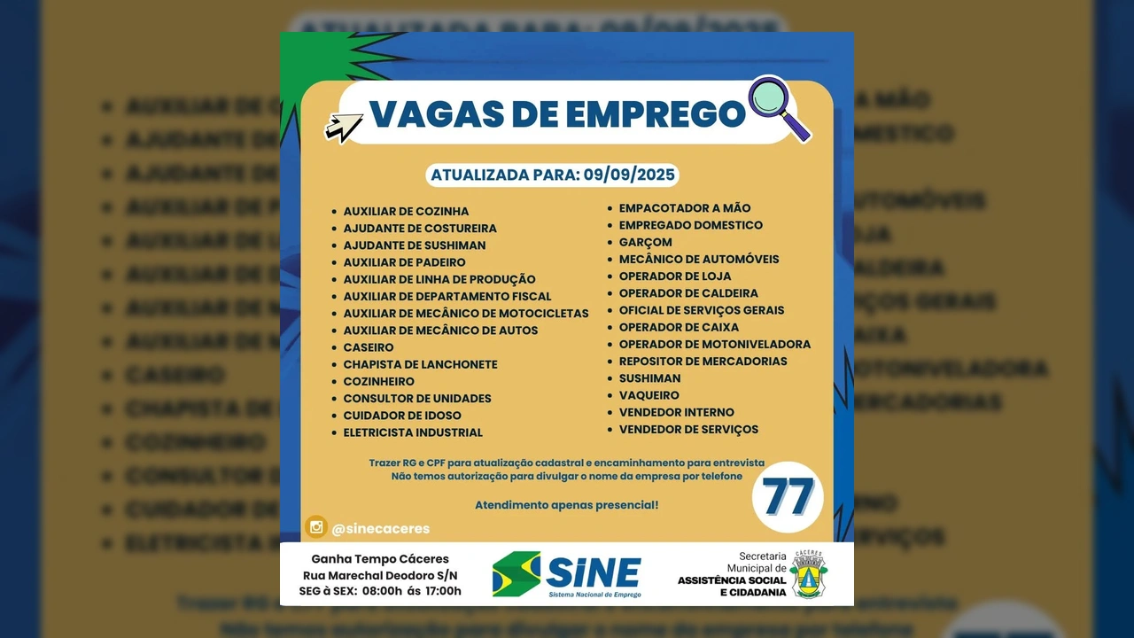 Lista de 30 vagas de emprego divulgadas pelo Sine Cáceres, incluindo diversas profissões como cozinheiro, mecânico, vendedor e auxiliar de produção / Instagram @sinecaceres