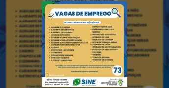 Imagem com a lista de 28 vagas de emprego divulgadas pelo Sine Cáceres para 11 de setembro de 2025. Crédito: @sinecaceres