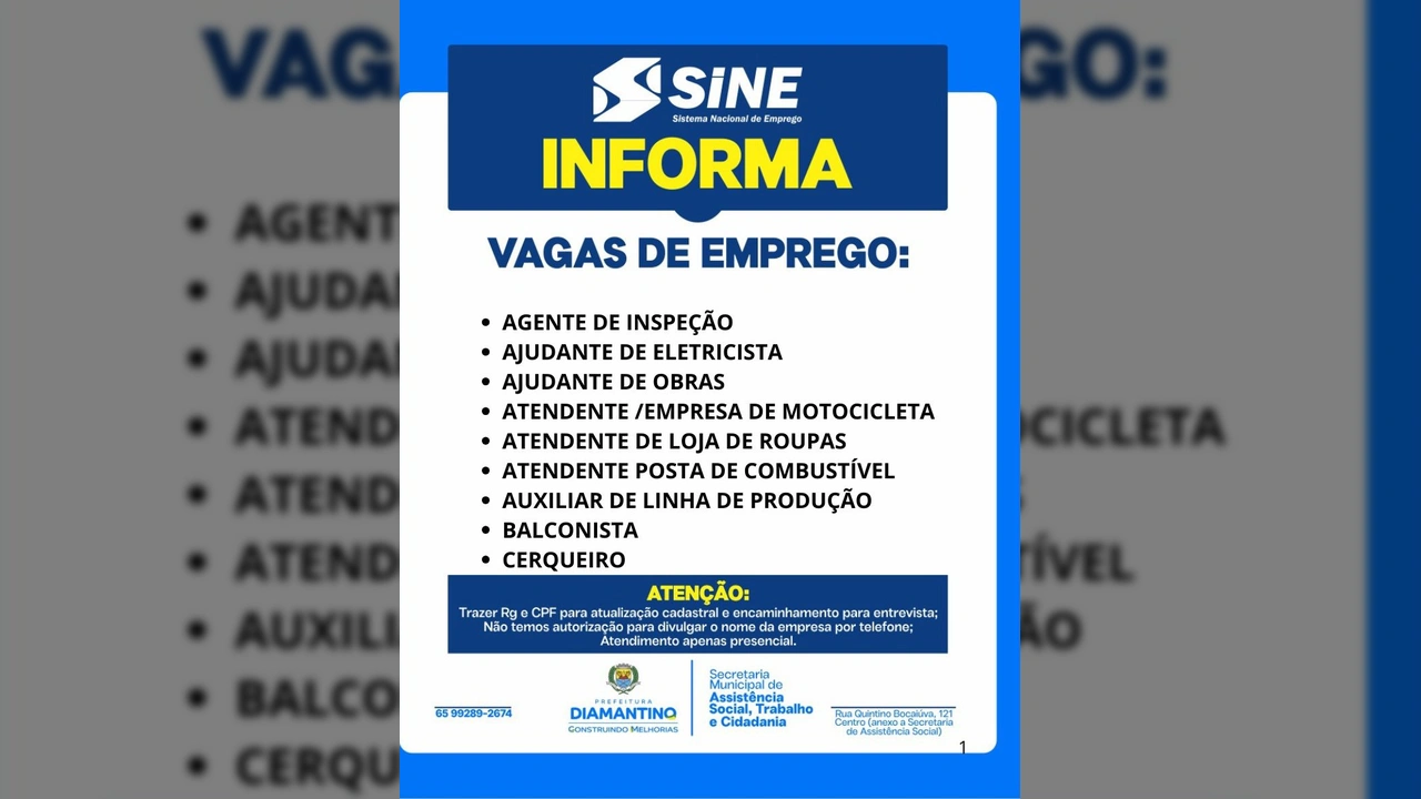 Lista de vagas de emprego atualizadas pelo Sine Diamantino para o mês de setembro de 2025 / Instagram