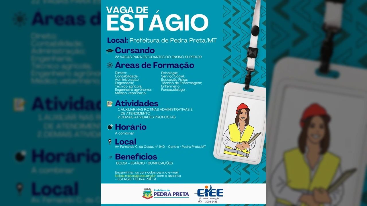 Banner anunciando vagas de estágio para estudantes universitários na Prefeitura de Pedra Preta, Mato Grosso / Instagram: prefeitura.pedrapretamt