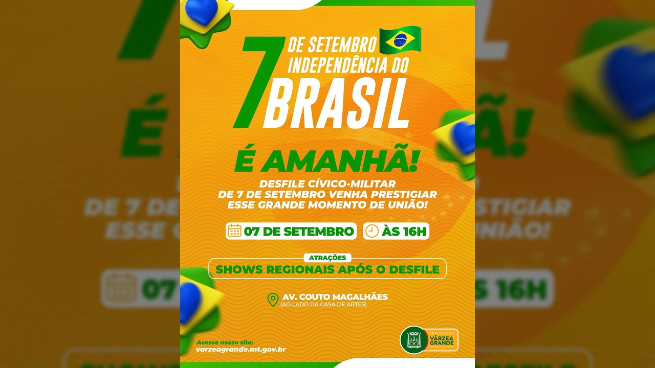 Banner da Prefeitura de Várzea Grande divulgando o Desfile de 7 de Setembro com shows regionais. Créditos: Prefeitura de Várzea Grande / Instagram