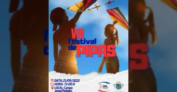 Imagem de duas crianças empinando pipas coloridas sob um céu azul, representando o VIII Festival de Pipas de Alto Garças. Créditos: @prefeitura_altogarcas