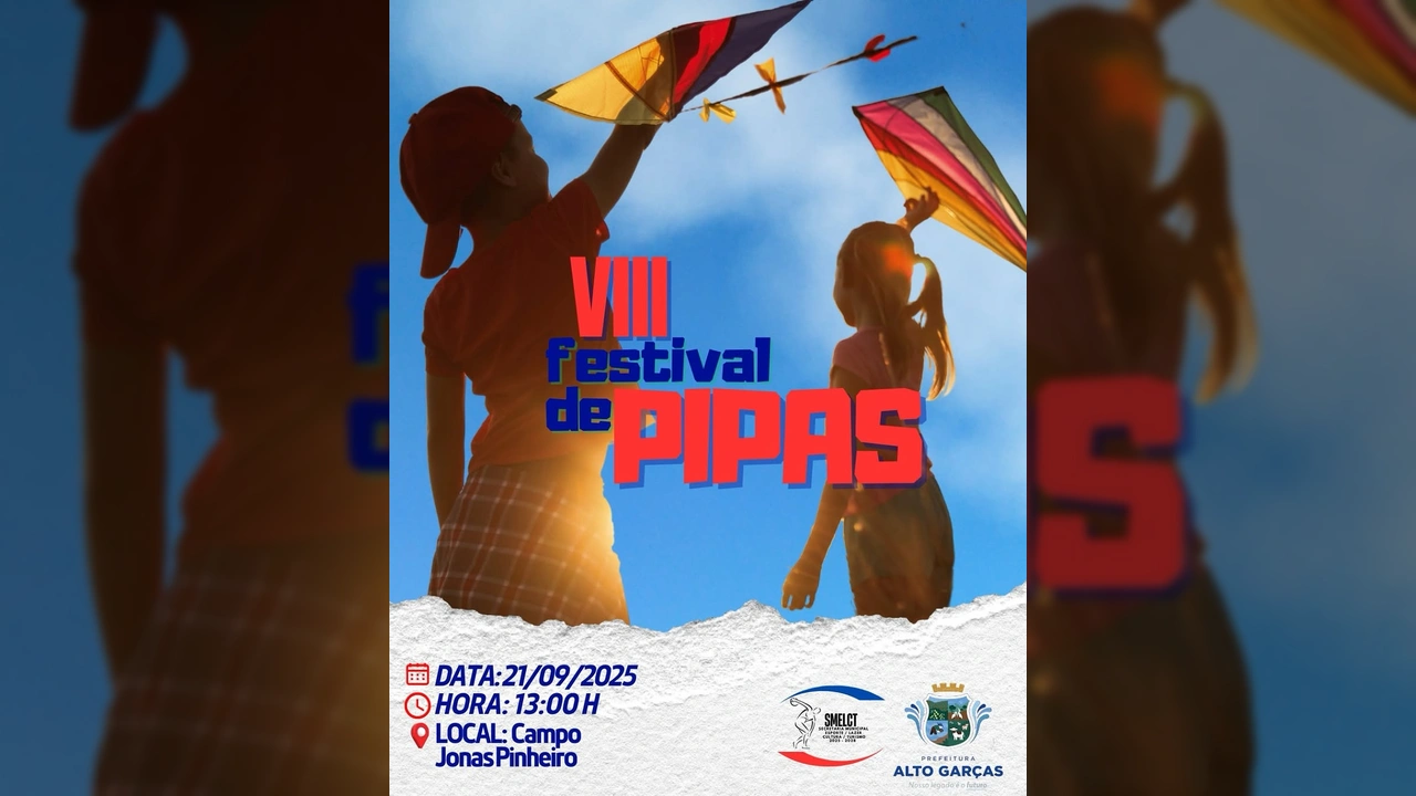 Imagem de duas crianças empinando pipas coloridas sob um céu azul, representando o VIII Festival de Pipas de Alto Garças. Créditos: @prefeitura_altogarcas